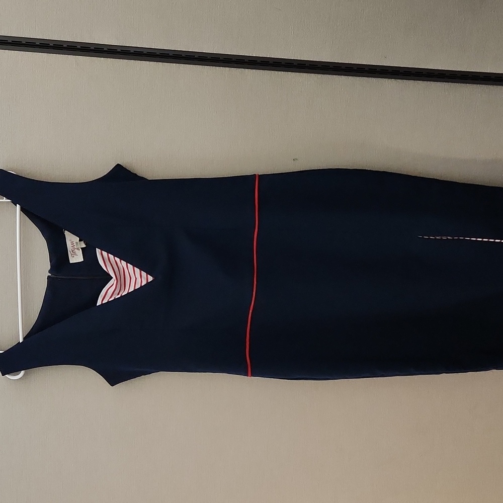 Navy and Red Striped V-Neck Pencil Dress - Picture 2 of 15